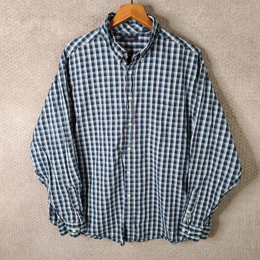 Roundtree & Yorke Casuals Shirt Mens XXL Blue Plaid Button Up Cotton Long Sleeve